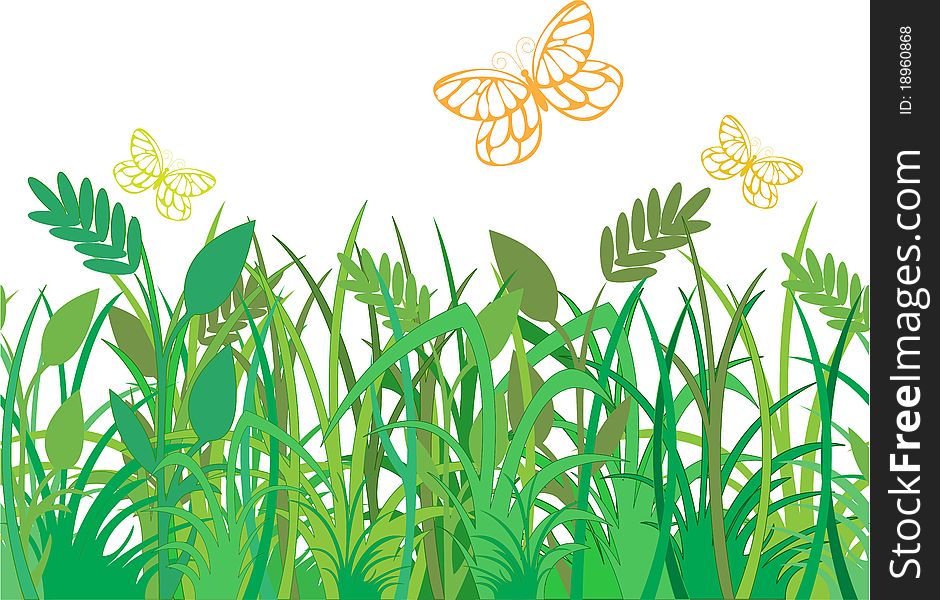 Green grass with butterflies, which can be used as a seamless background