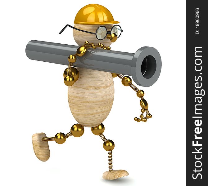 3d wood man carring a pipe isolated