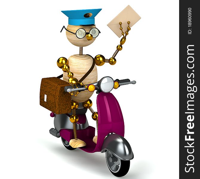 3d wood postman is riding on moped isolated