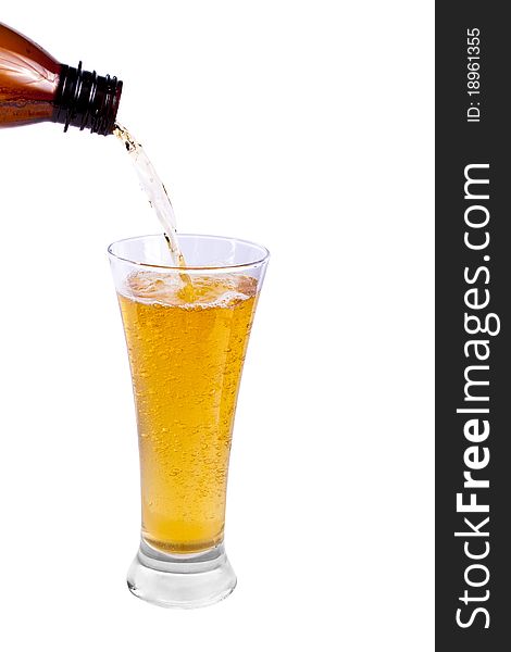 Pouring Beer into glass on white background
