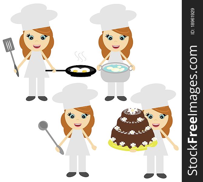 Four girls cook on white background