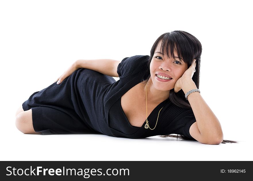 Pretty asian woman with braces isolated on white background