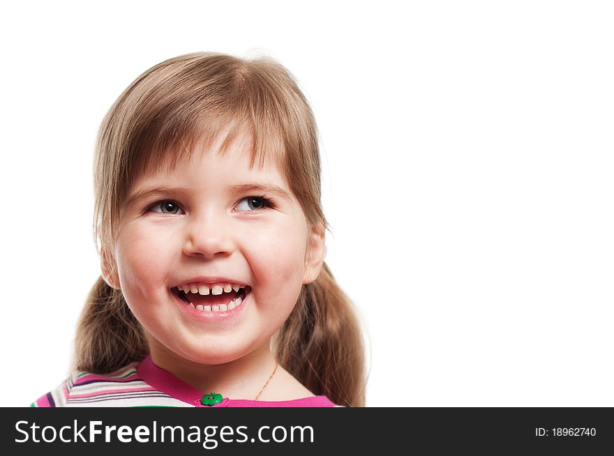 Little cheerful girl laughing on white background. Little cheerful girl laughing on white background