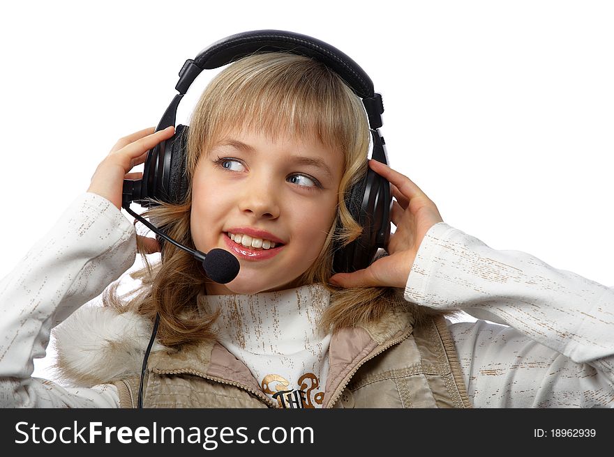 Happy teenage girl in headphones over white, isolated. Happy teenage girl in headphones over white, isolated