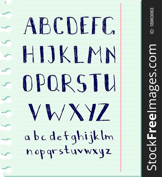 Vector pen written alphabet on a blue paper. Vector pen written alphabet on a blue paper