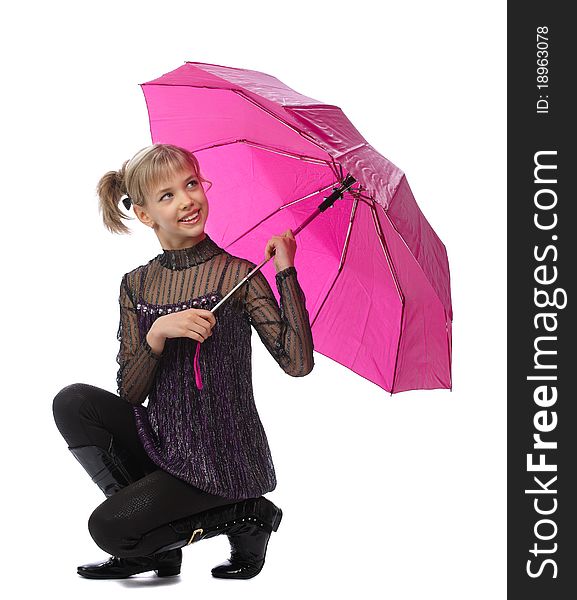 Pretty smiling young girl sits under pink umbrella. Isolated over white. Pretty smiling young girl sits under pink umbrella. Isolated over white
