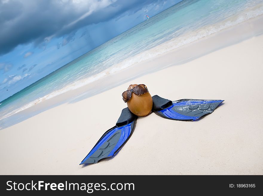 Coconut with black sunglasses and blue flippers on white sand beach in summer