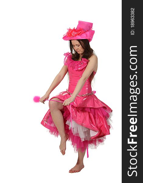 Girl in costume of pink fairy breaks her wand