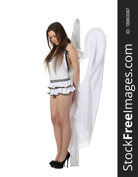 Beautiful sad angel on the isolated white background