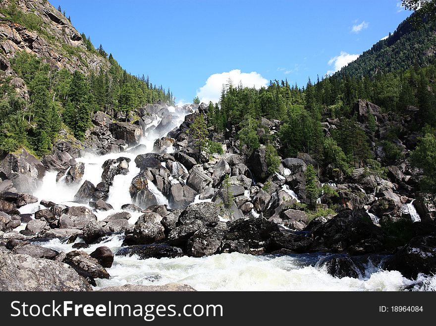 Cascade of Uchar waterfalls on Altai