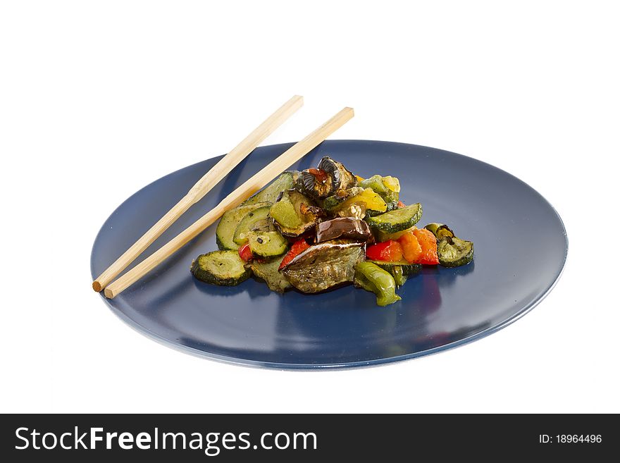 Photo of chopsticks and mixed grilled vegetables