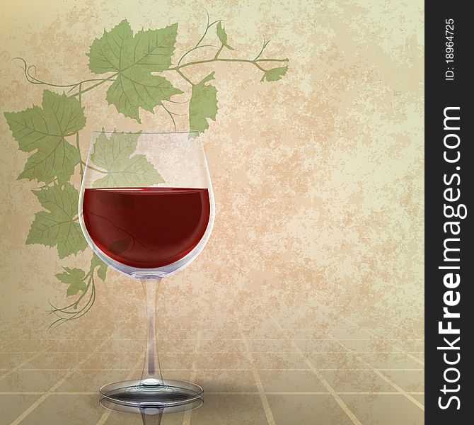 Abstract grunge illustration with wineglass and grape leaves