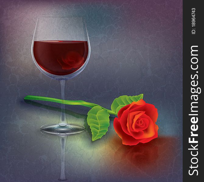 Abstract grunge illustration with wineglass and rose