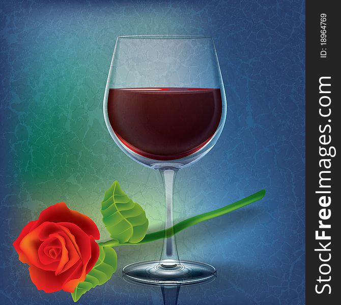 Abstract grunge illustration with wineglass and rose on blue
