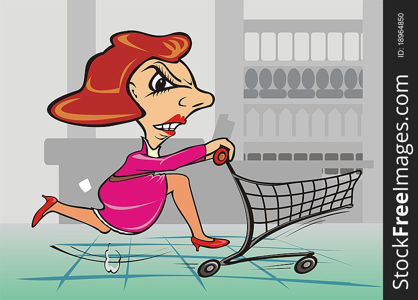 In a sale, shopping centre, shopping trolley, fast as a shark. In a sale, shopping centre, shopping trolley, fast as a shark