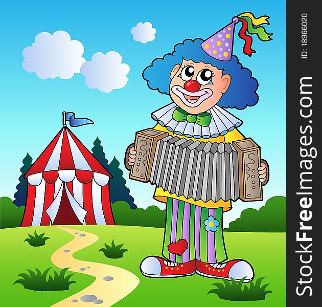 Clown playing accordion near tent - illustration.