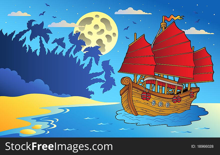 Night seascape with Chinese ship - illustration.