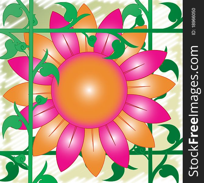 Large pink and orange daisy flower in retro seventies style with greenery. Large pink and orange daisy flower in retro seventies style with greenery