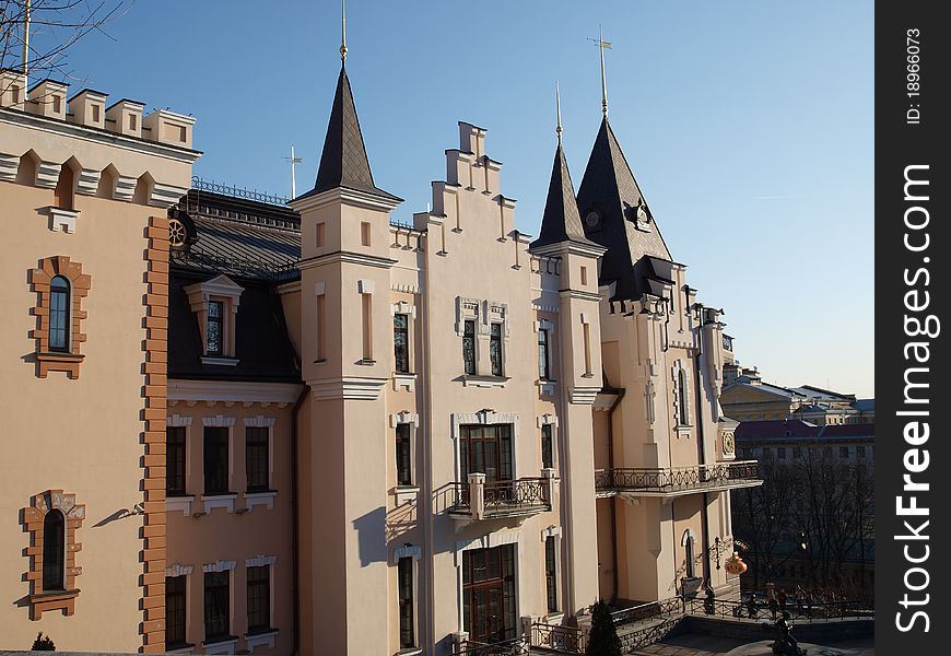 The house in Gothic style in the clear March morning.Small puppet show theater building in Kiev, Ukraine. The house in Gothic style in the clear March morning.Small puppet show theater building in Kiev, Ukraine.