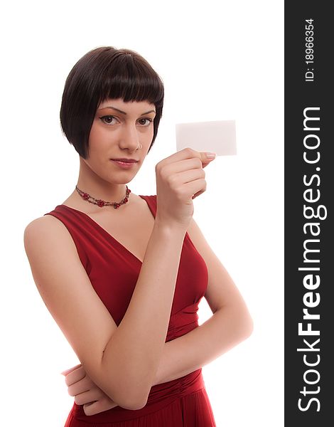 An elegant young female holding an empty business card in front of her, focus on business card. An elegant young female holding an empty business card in front of her, focus on business card.