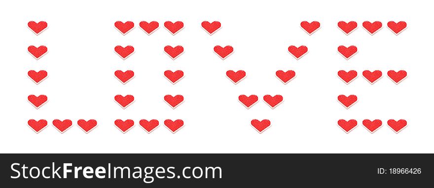 Love written with tiny red hearts on a white background
