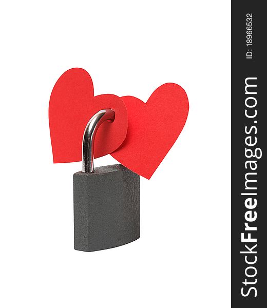 Two red paper hearts constrained with padlock. Isolated on white with clipping path. Two red paper hearts constrained with padlock. Isolated on white with clipping path