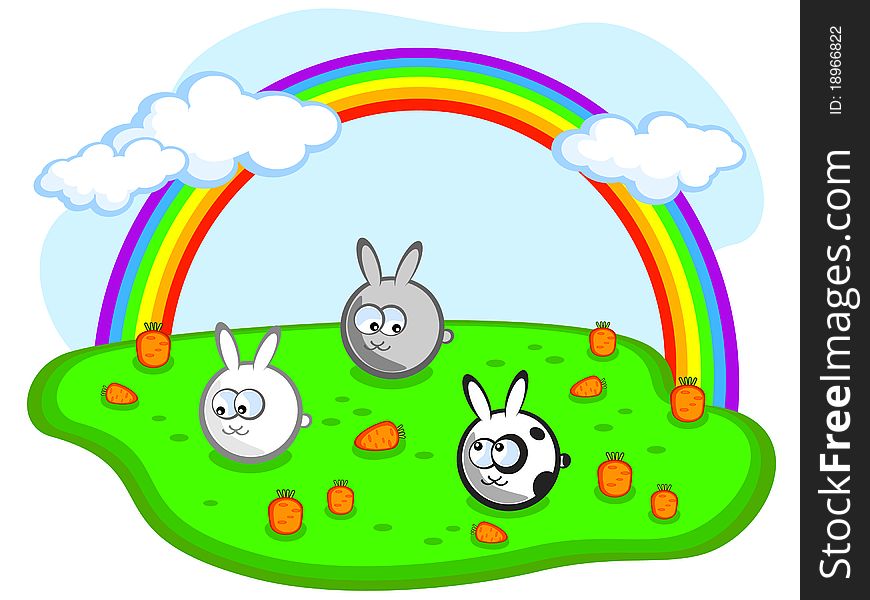 Three cute rabbit in a meadow with carrots. Rainbow in the sky. Vector. Child. Three cute rabbit in a meadow with carrots. Rainbow in the sky. Vector. Child.