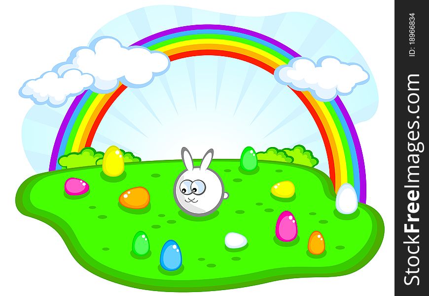 Vector image. Dear Easter Bunny on the meadow. Around him colorful Easter eggs. Rainbow in the sky. Child. Vector image. Dear Easter Bunny on the meadow. Around him colorful Easter eggs. Rainbow in the sky. Child.