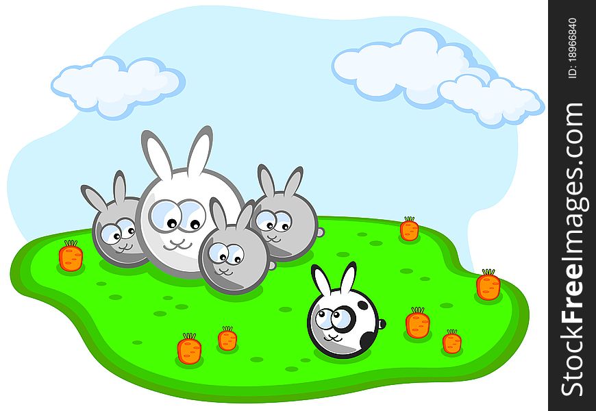 Family of rabbits in a meadow with carrots. Separately, sits another rabbit is not like them. Vector. Child.