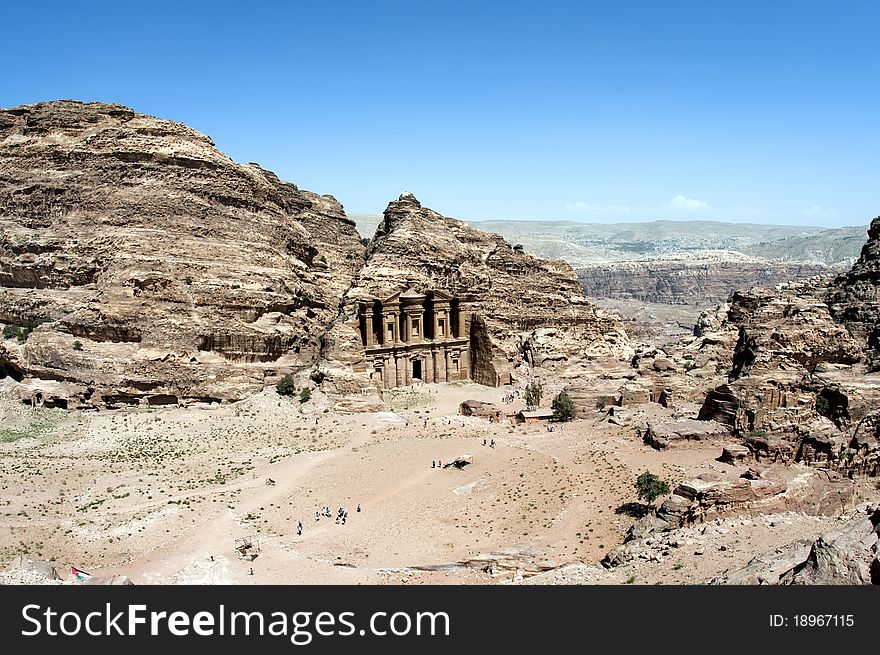 A view of the Monastery in the ancient and historic archaeological site of Petra in Jordan, Middle East. A view of the Monastery in the ancient and historic archaeological site of Petra in Jordan, Middle East.