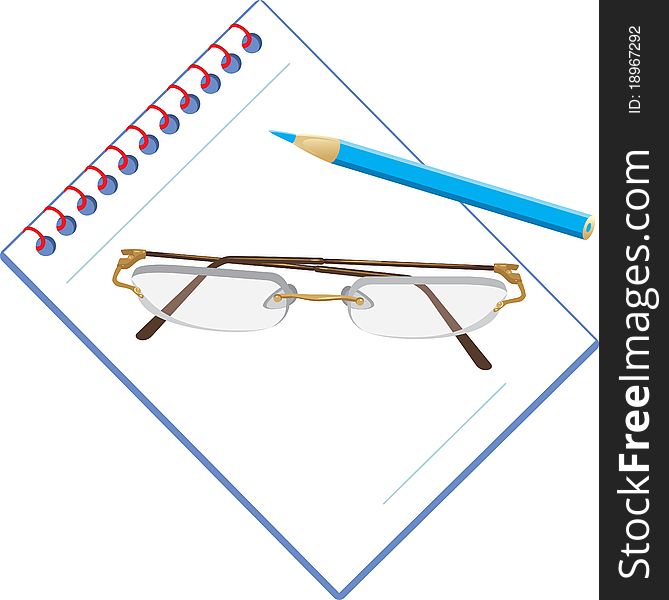 Glasses and notepad with pencil. Illustration