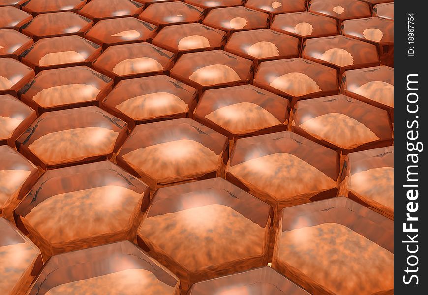 Abstract orange transparent hexagonal cells
