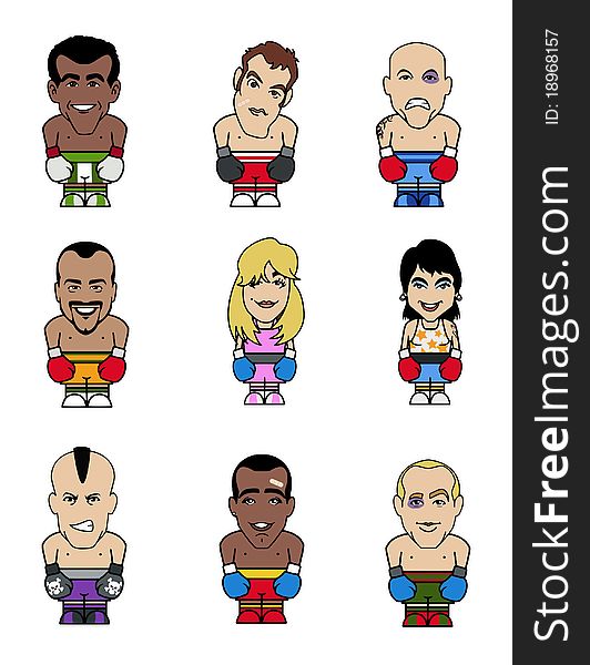 Nine puppets of funny boxers (seven men, two women) on white background. Nine puppets of funny boxers (seven men, two women) on white background