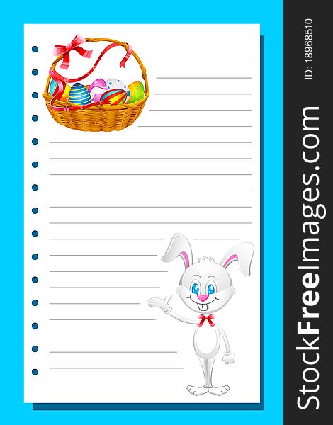 Illustration of easter card with bunny and basket full of colorful eggs. Illustration of easter card with bunny and basket full of colorful eggs