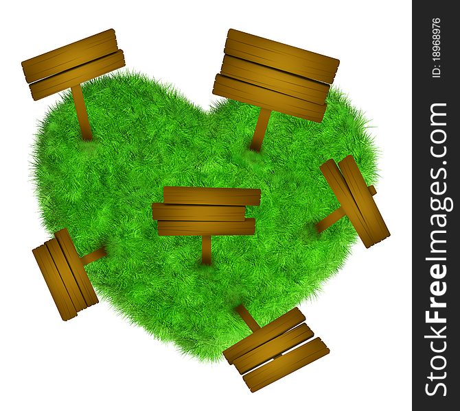 Grass heart with wooden signs, 3d illustration