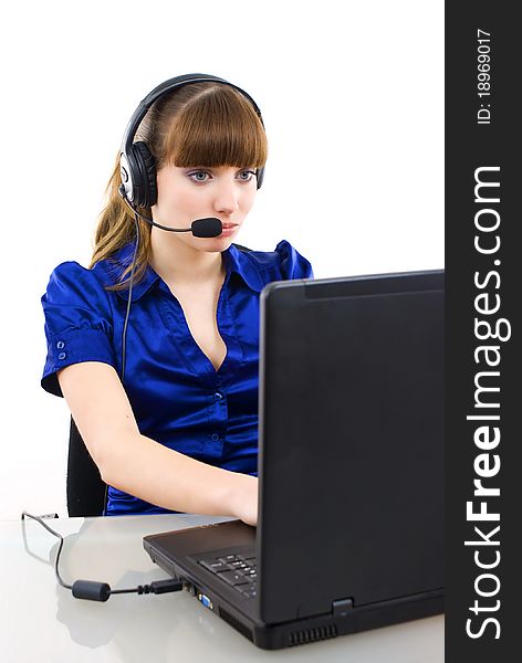 Support phone operator in headset at workplace. Support phone operator in headset at workplace