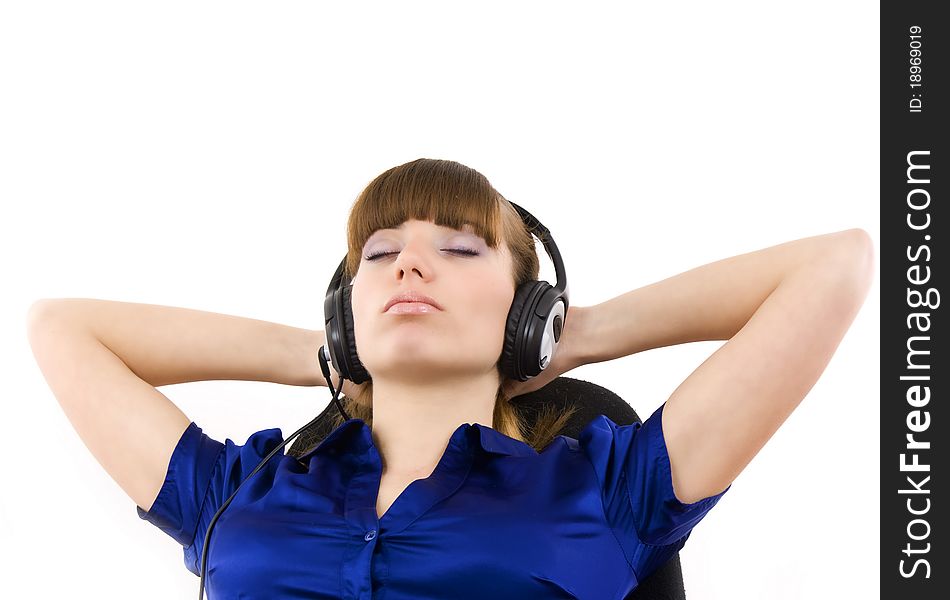 Support phone operator in headset at workplace relaxing