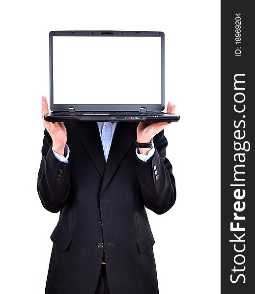 Business man with laptop - isolated. Business man with laptop - isolated