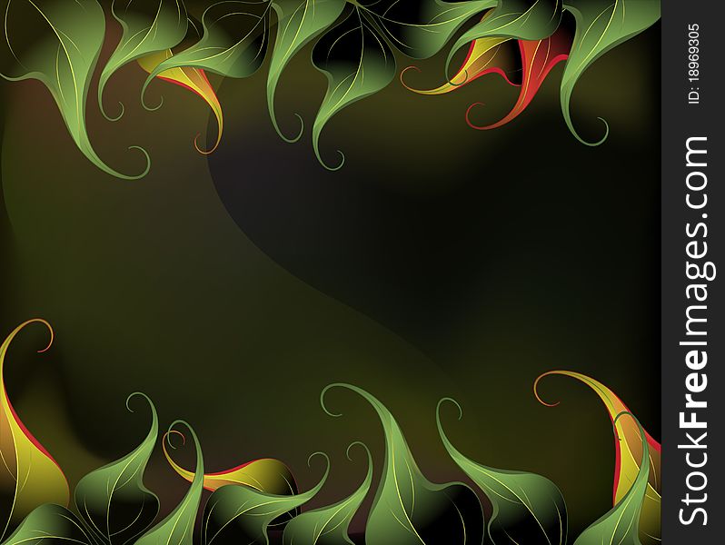 Pattern of red and green leaves on a mysterious smoky background. Pattern of red and green leaves on a mysterious smoky background