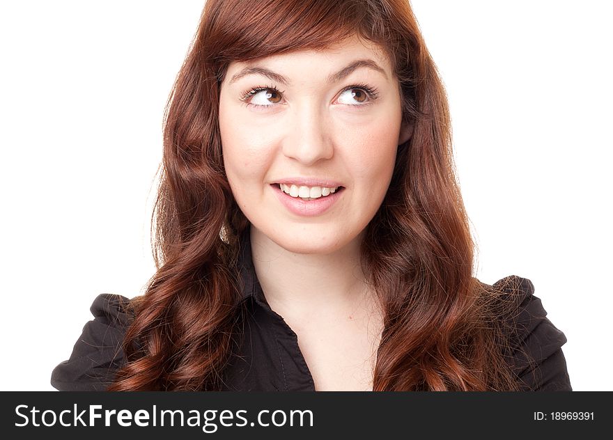 Portrait of young business woman against white background