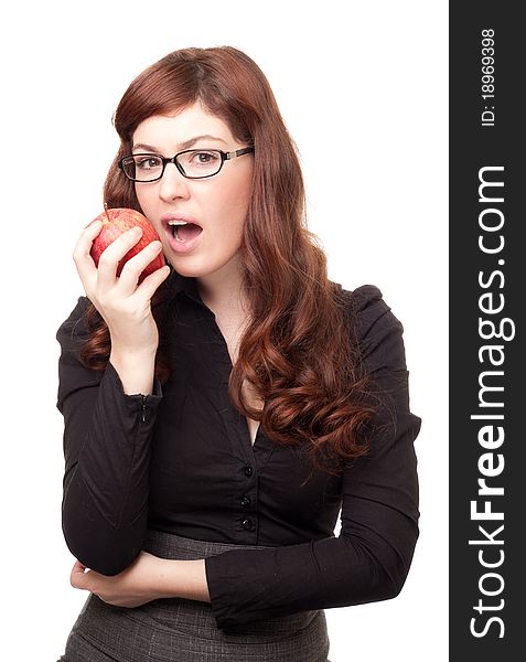 Business Woman With Glasses Eating An Apple Isolat