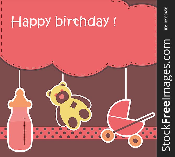 Greeting card with birthday with pram, bear, bottle. EPS10