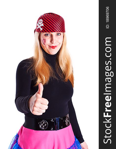 A Girl Dressed As A Pirate With A Thumb Up