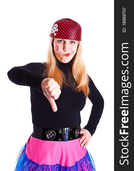 A Girl Dressed As A Pirate With A Thumb Down