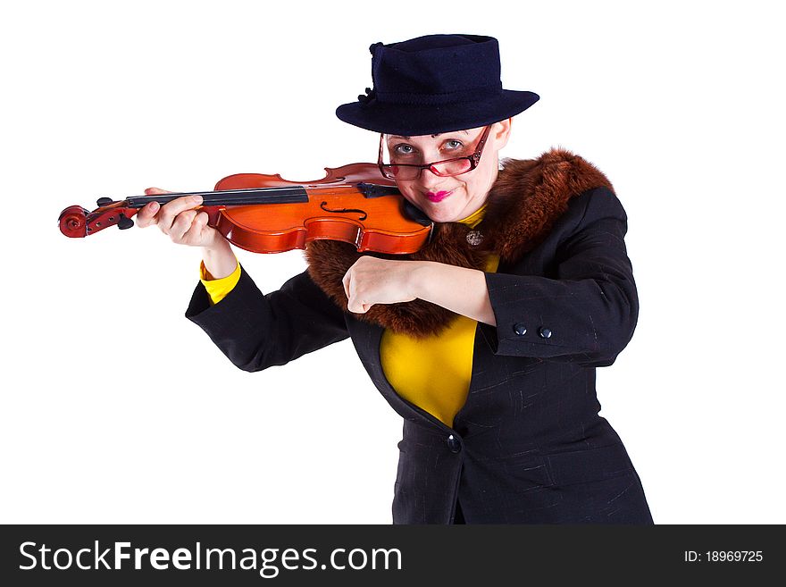 A girl dressed as an elderly old lady playing the violin. A girl dressed as an elderly old lady playing the violin