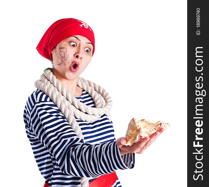 Girl dressed as a pirate with a seashell