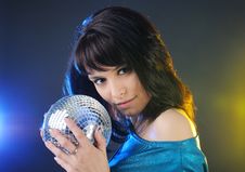 Portrait Of Beautiful Brunette With Disco Ball Royalty Free Stock Images Portrait Of Beautiful Brunette With Disco Ball Royalty Free Stock Images