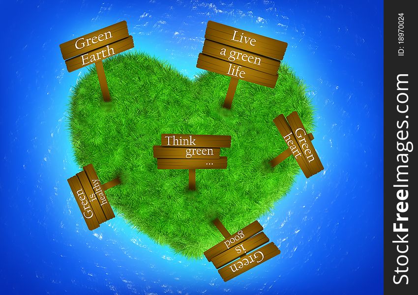 Grass heart-shaped island with signs and text