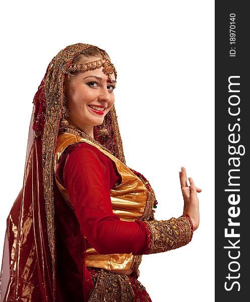 Beauty girl in oriental costume with hand sign