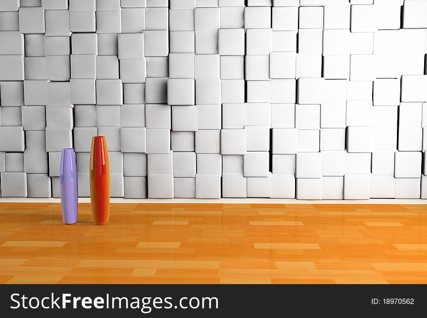 Empty room with two vase on wooden floor with cube background